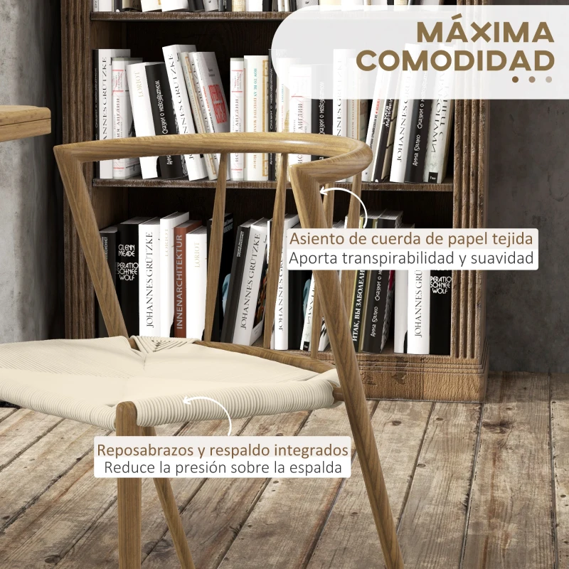 HOMCOM Pack de 2 Sillas de Comedor Moderno con Asiento de Cuerda de Papel Sillas de Cocina Apilables 51x51x71 cm Roble y Crema