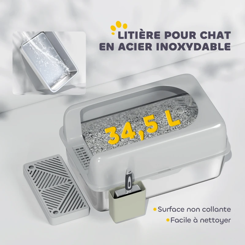 PawHut Bac à litière pour chat en acier inoxydable facile à nettoyer avec bords hauts anti-fuite d'urine, pelle inclus, gris