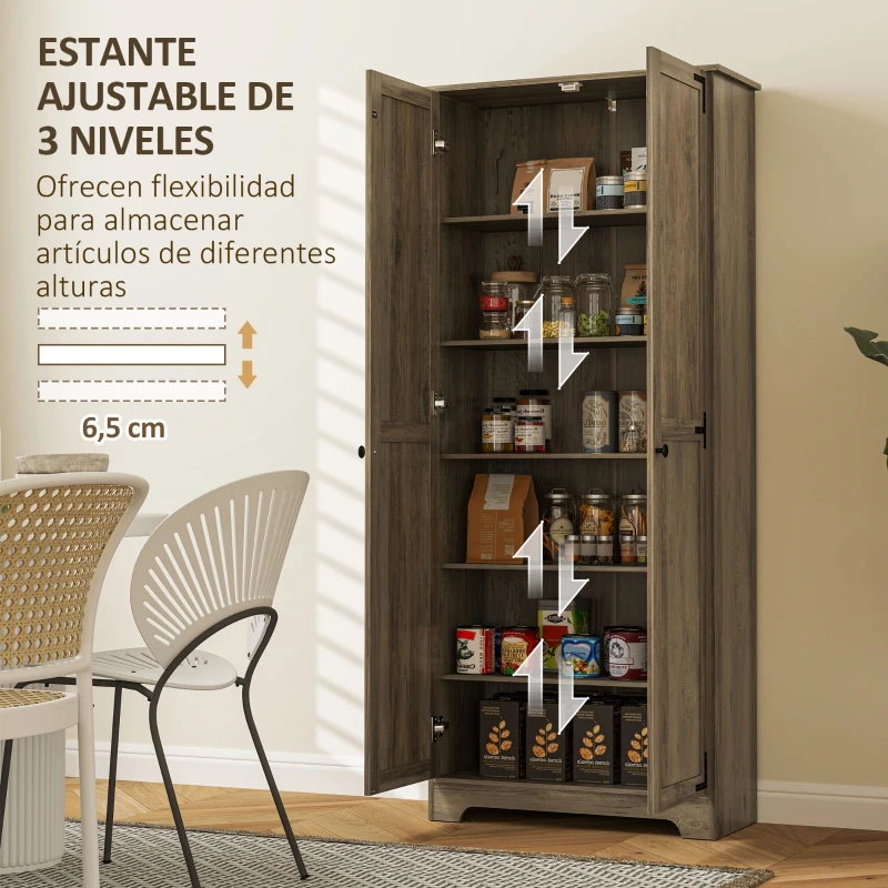 HOMCOM Alacena de Cocina con 2 Puertas y Estantes Ajustables para Comedor Salón 78x31,5x182 cm Marrón Grisáceo