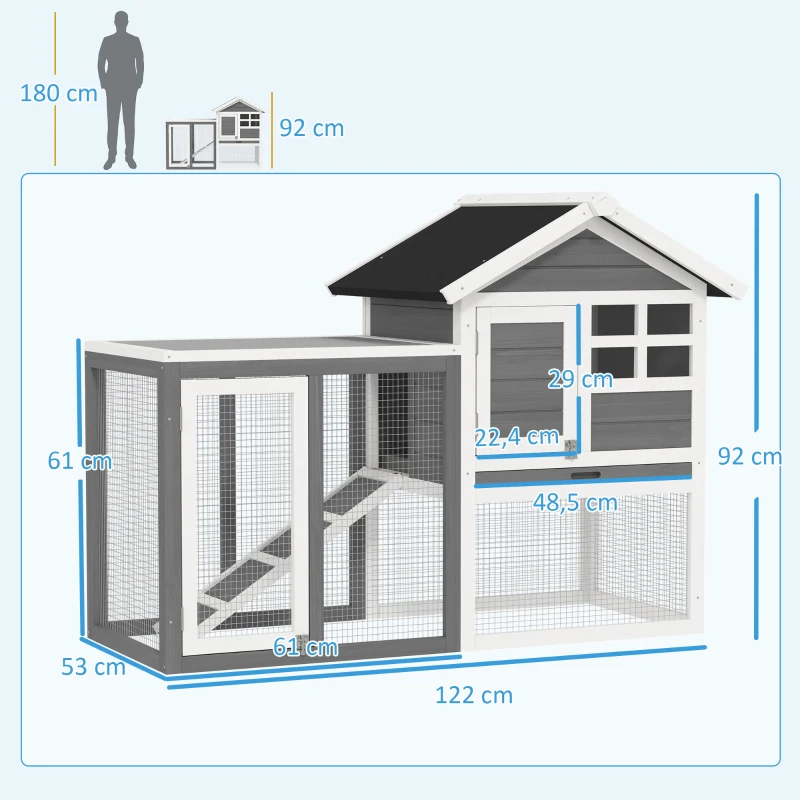 PawHut Clapier cage à lapins multi-équipé : niche supérieure avec rampe, plateau excrément, fenêtre + enclos  extérieur sécurisé 2 portes 122L x 62,6l x 92H cm gris