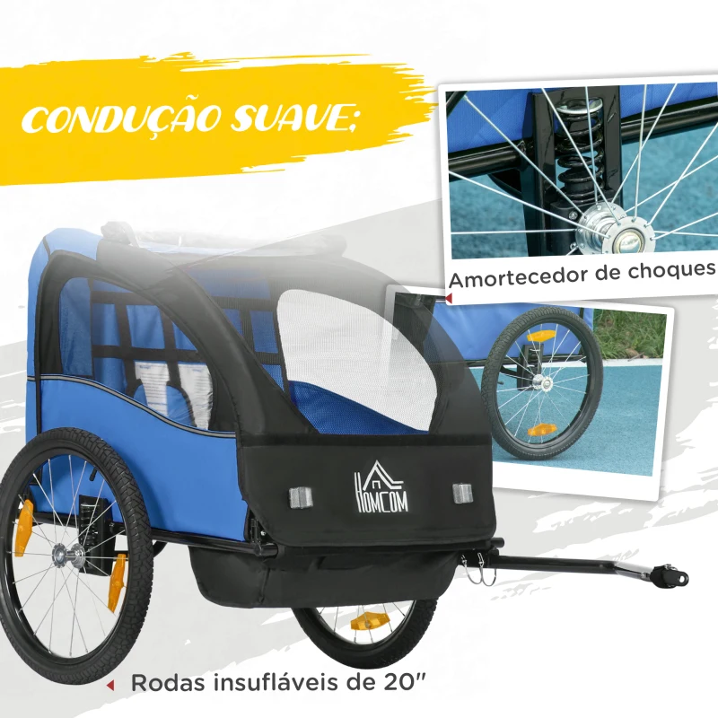 HOMCOM Reboque de Bicicleta para Crianças de 2 Lugares com Cinto de Segurança e Sistema de Amortecimento 140x88x90 cm Azul