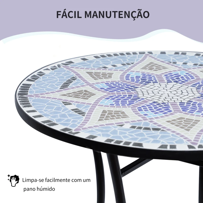 Outsunny Mesa de Jardim Redonda Mesa de Varanda  Ø60x71 cm com Bancada em Mosaico Decorativa Mesa de Exterior Pátio Azul e Branco