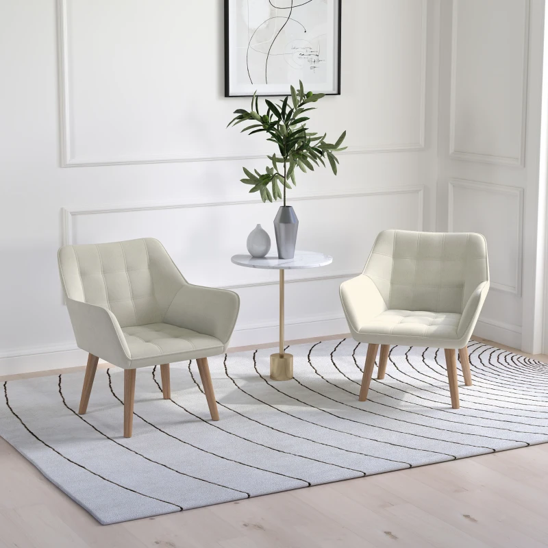 Set of 2 Accent Chair, Arm Chair with Slanted Back, Thick Padding and Rubber Wooden Legs for Living Room, Cream White