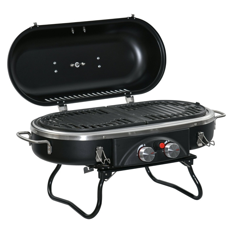 Outsunny Gasgrill 2,34 KW Klappbar BBQ Gartengrill inkl 2 Edelstahl-Brenner Druckminderer 66 x 34,5 x 37 cm Schwarz