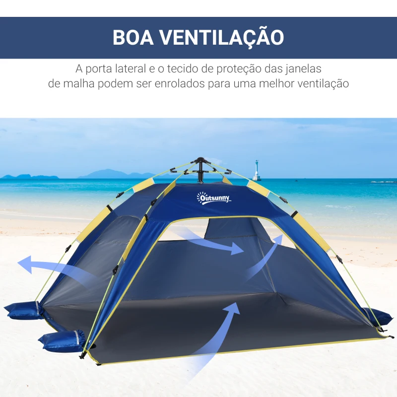 Outsunny Tenda de Praia Dobrável Tenda de Campismo Pop-up para 1-2 Pessoas com Bolsa de Transporte 220x173x120 cm Azul Escuro