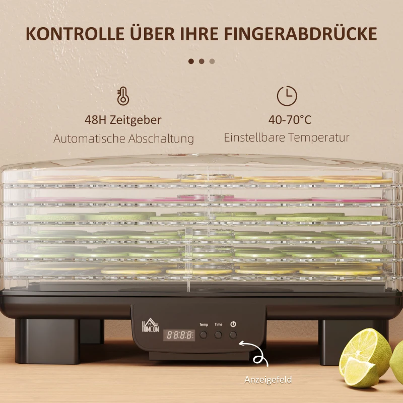 HOMCOM Dörrautomat, 6 Ebenen, Heißluftzirkulation, 40-70℃, 43 x 29,5 x 28 cm, Schwarz