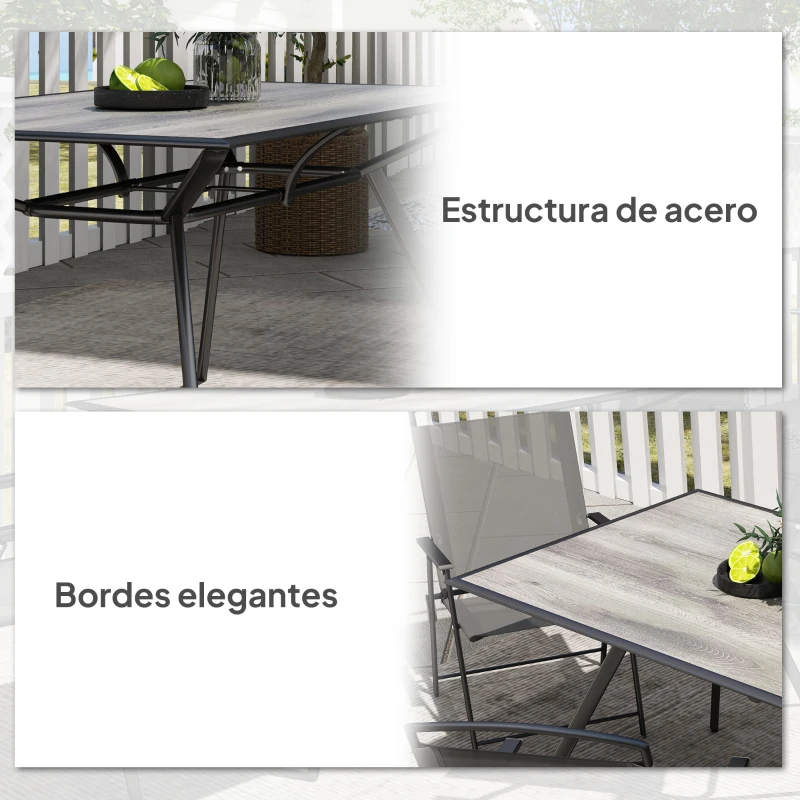 Outsunny Mesa de Comedor de Exterior con Encimera Imitación Madera para 6 Personas con Estructura de Acero 160x90x73 cm Gris