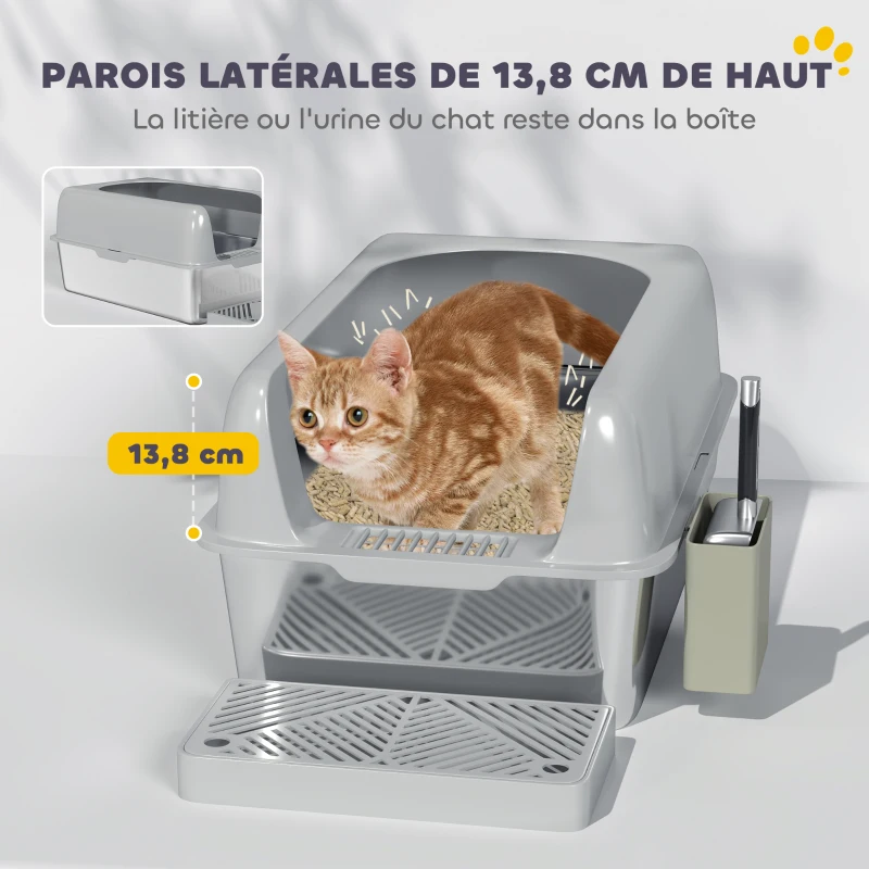 PawHut Bac à litière pour chat en acier inoxydable facile à nettoyer avec bords hauts anti-fuite d'urine, pelle inclus, gris