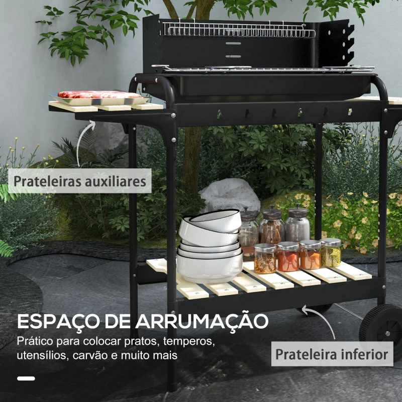 Outsunny Barbecue a Carvão com Rodas Portátil com Grelha Ajustável em Altura para Piquenique Campismo 103x47x95 cm Preto