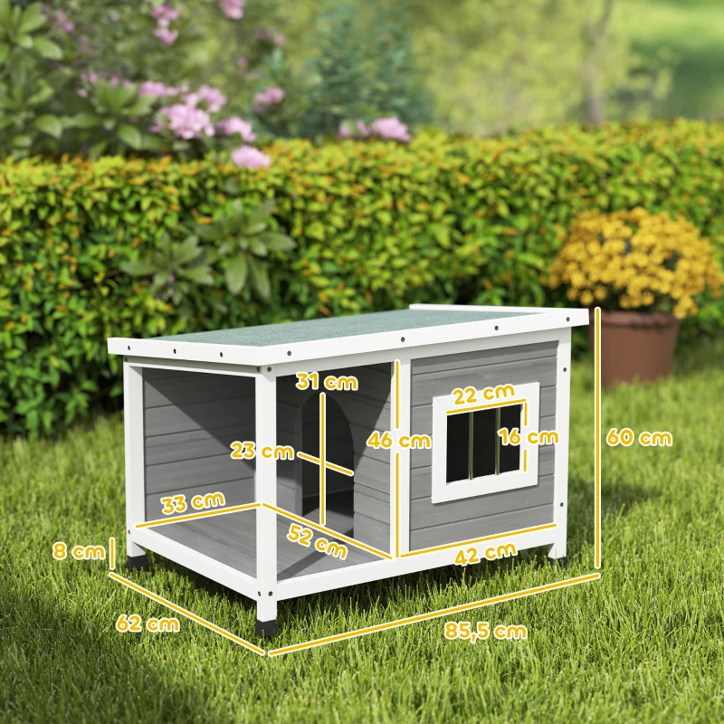 PawHut Casa para Cães de Madeira Casa para Animais de Estimação com Teto Asfáltico Impermeável e Janela 85,5x62x60cm Cinza