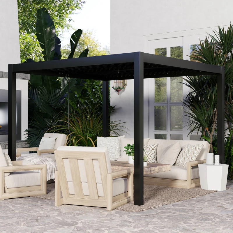 Outsunny Pérgola con Techo Ajustable y Sistema de Drenaje Estructura de Aluminio para Jardín o Patio 298x298x223,5 cm Gris