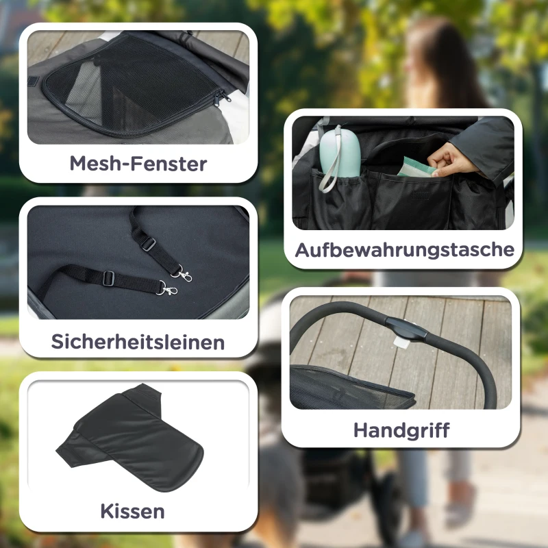 PawHut Hondenwagen, Opvouwbare Hondenbuggy voor Grote Honden, Huisdierkar met 4 Wielen, Veiligheidslijnen, Remmen, Donkergrijs
