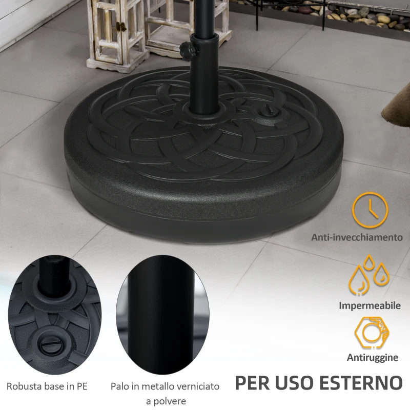 Outsunny Base per Ombrellone Rotonda in Plastica Riempibile con Acqua e Sabbia per Pali da 38-48 mm, Ø56 cm, Nero