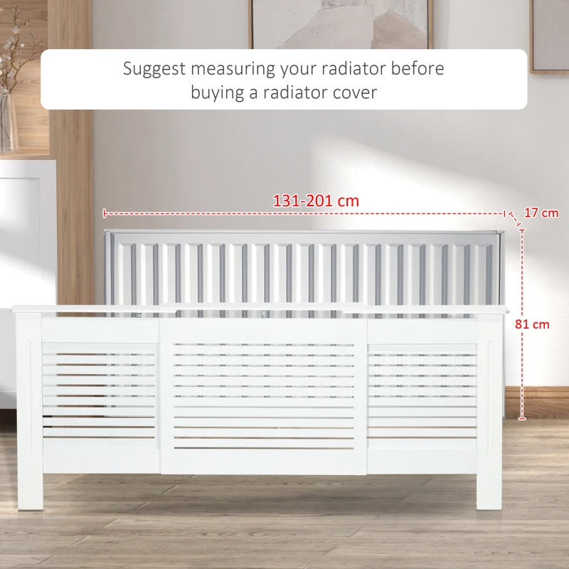 HOMCOM Set of 2 MDF Extendable Radiator Cover with Cabinet Shelving, Home Office Slatted Design, White 139-208.5L x 20.5W x 82.5H cm