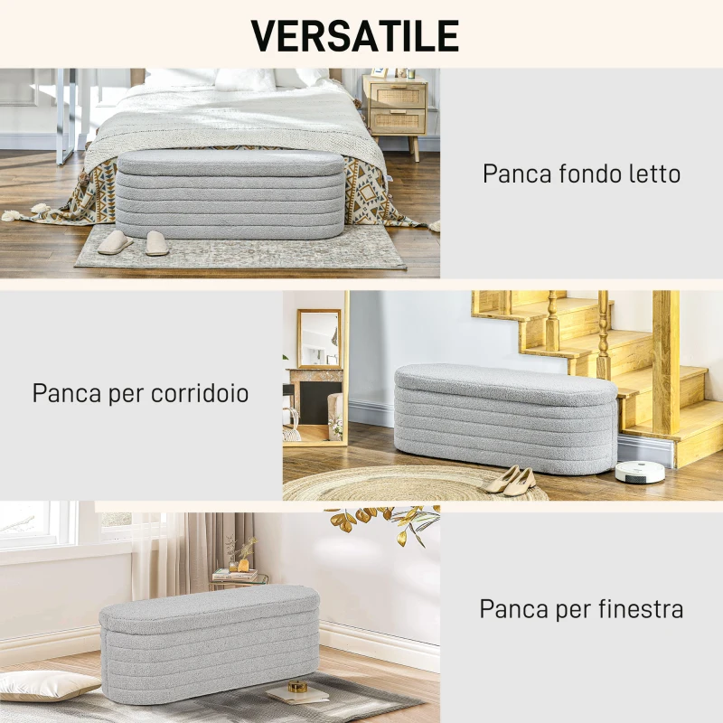 HOMCOM Panca Fondo Letto in Tessuto Teddy con Vano Contenitore, 116x41x40.5cm, Grigio Chiaro