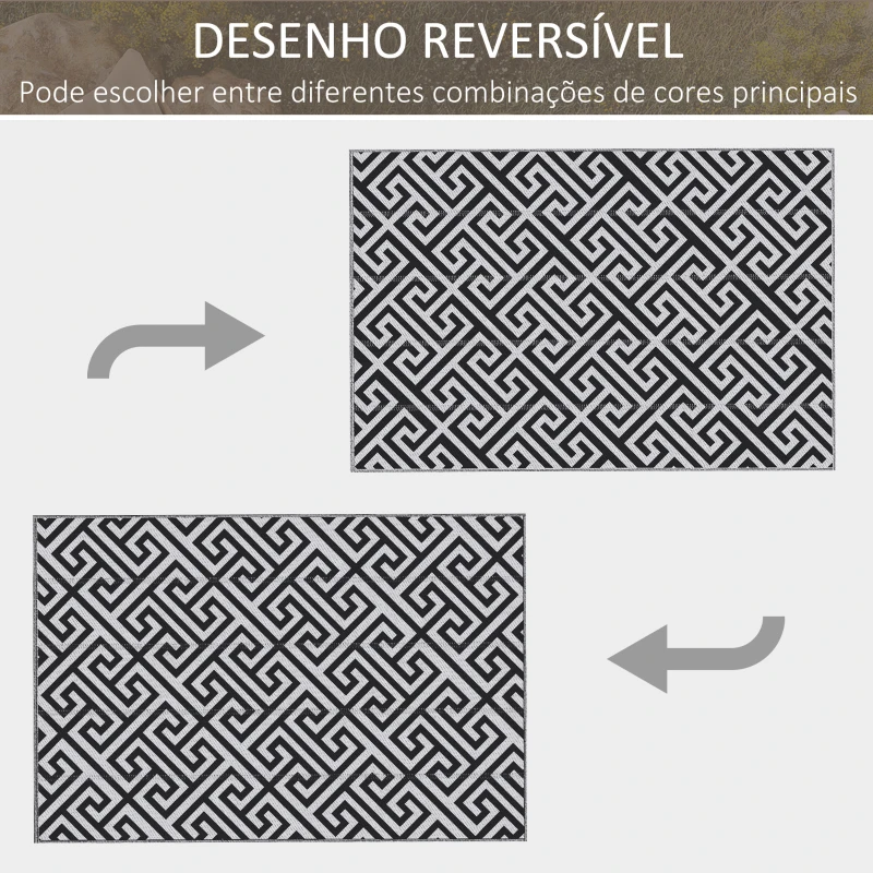 Outsunny Tapete de Exterior 182x274 cm Tapete Reversível com Desenho Geométrico Impermeável para Varanda Campismo Praia Branco e Preto