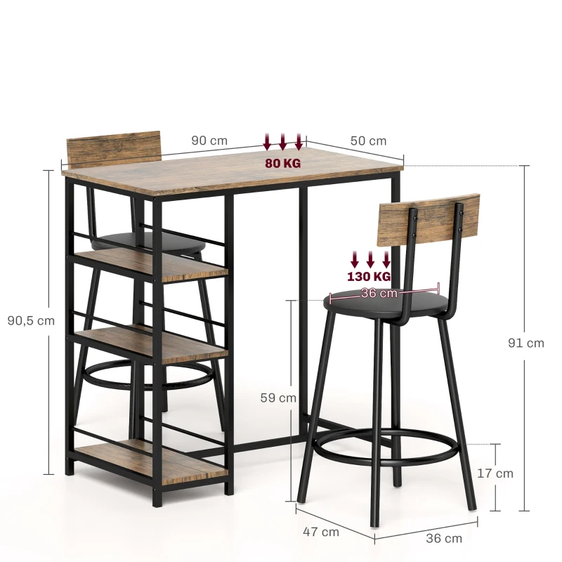 HOMCOM 3-delige Eetset met Bartafel en 2 Stoelen, Klein Keukenset met Zijplanken, MDF, Metaal, Zwart
