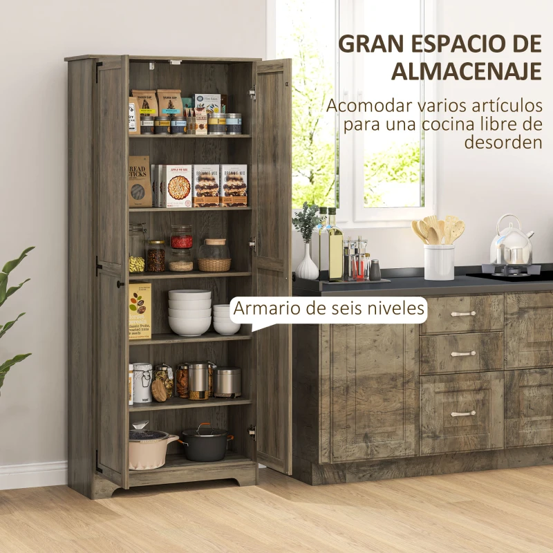 HOMCOM Alacena de Cocina con 2 Puertas y Estantes Ajustables para Comedor Salón 78x31,5x182 cm Marrón Grisáceo