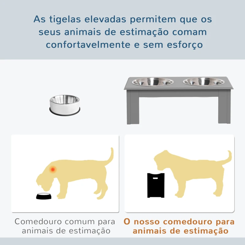 PawHut Comedouro Elevado para Cães com Suporte e 2 Tigelas Amovíveis de Aço Inoxidável 44x24x15 cm Cinza