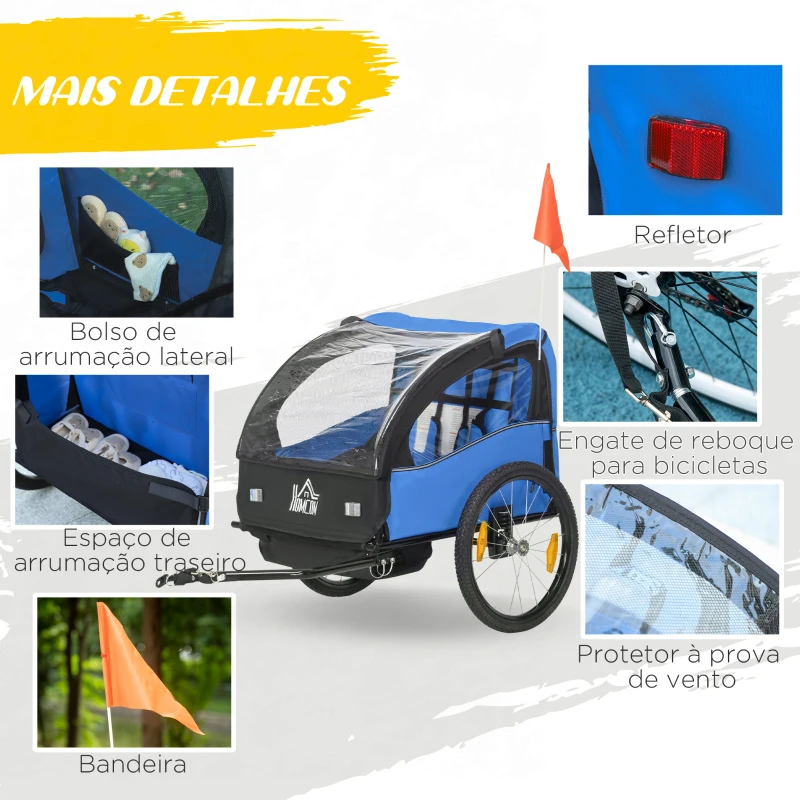 HOMCOM Reboque de Bicicleta para Crianças de 2 Lugares com Cinto de Segurança e Sistema de Amortecimento 140x88x90 cm Azul
