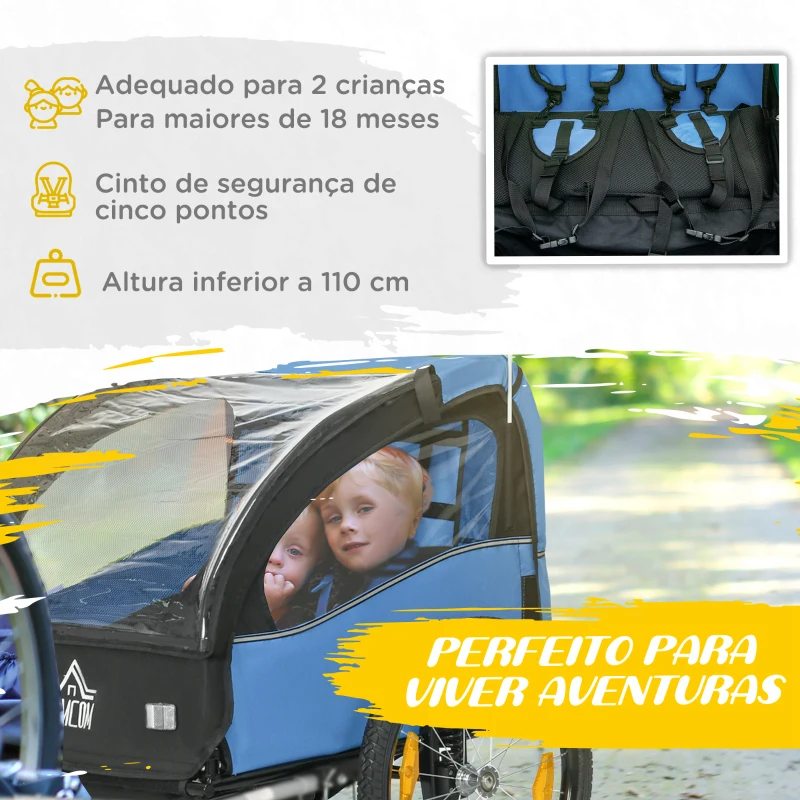 HOMCOM Reboque de Bicicleta para Crianças de 2 Lugares com Cinto de Segurança e Sistema de Amortecimento 140x88x90 cm Azul