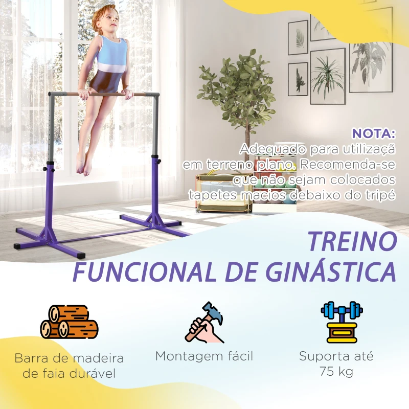 HOMCOM Barra de Ginástica para Crianças com Altura Ajustável 92-150 cm Barra Horizontal de Ginástica 194x121x150 cm Roxo