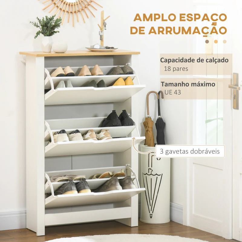HOMCOM Sapateira Branca Estreita Armário Sapateiro Alto com 3 Gavetas para 12 Pares de Sapatos para Corredor 72x26x112 cm