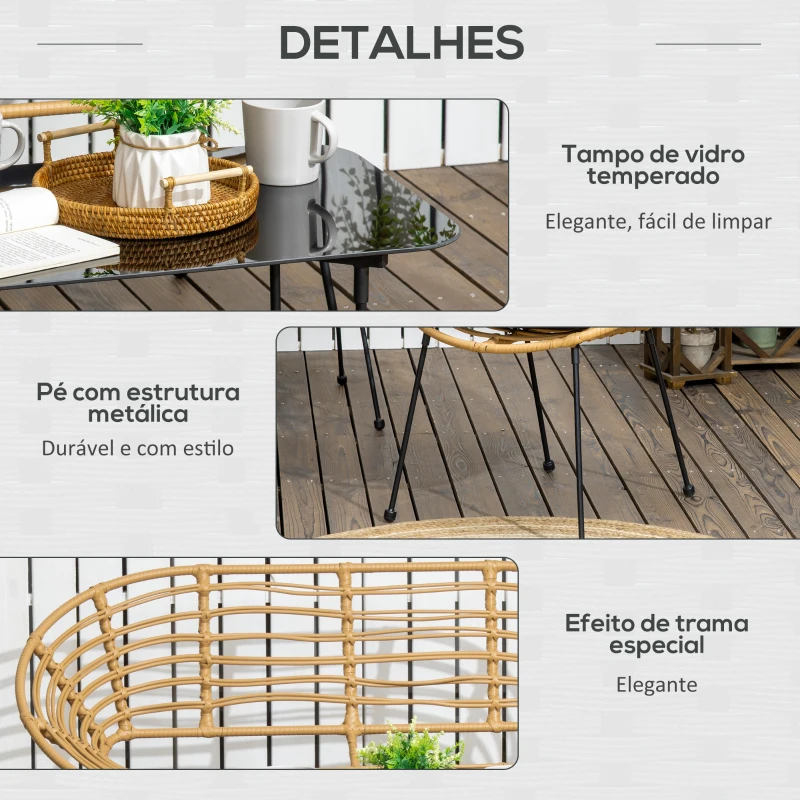 Outsunny Conjunto de Móveis de Jardim em Vime Sintético 4 Peças com 1 Sofá Duplo 2 Poltronas e Mesa de Vidro Madeira e Preto