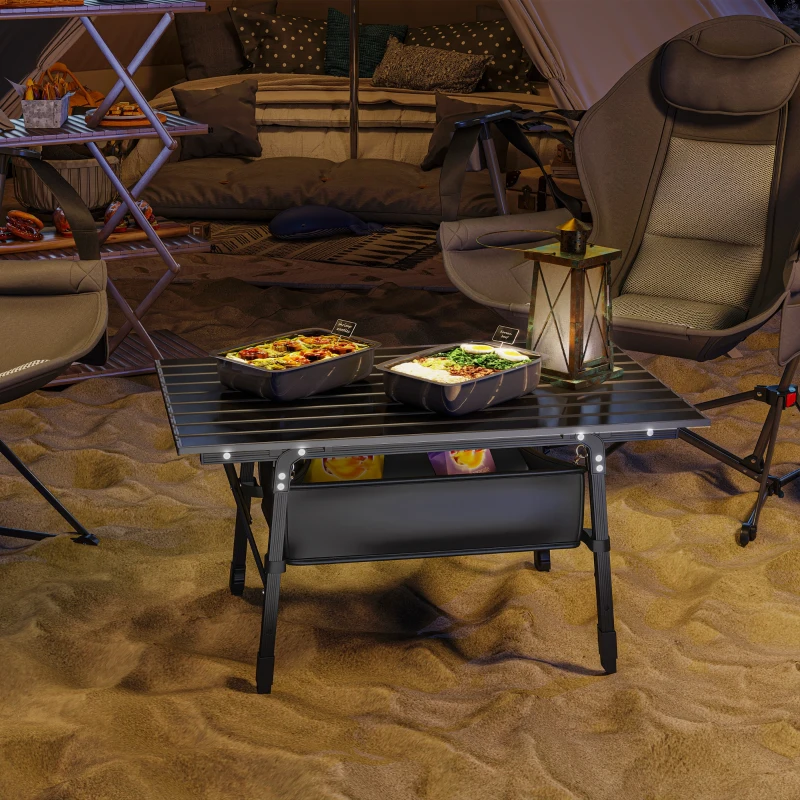 Outsunny Campingtafel met Opbergmand, In Hoogte Verstelbaar, Opvouwbaar, Aluminium, Zwart