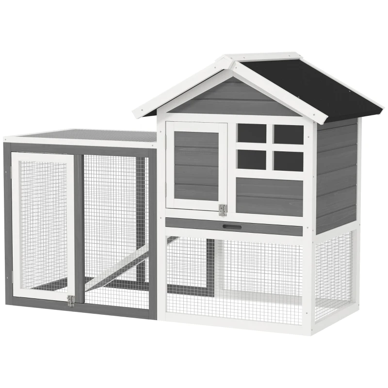 PawHut Kaninchenstall Tannenholz Outdoor Indoor Kleintierstall Kleintierhaus Kleintierkäfig Herausnehmbare Bodenwanne und Rampe Grau+Schwarz+Weiß 122 x 62,6 x 92 cm