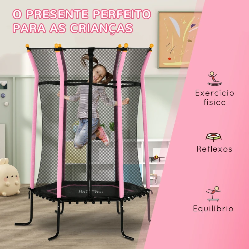 HOMCOM Trampolim para Crianças Cama Elástica Infantil com Rede de Segurança para Interiores e Exteriores Ø163,5x190 cm Rosa