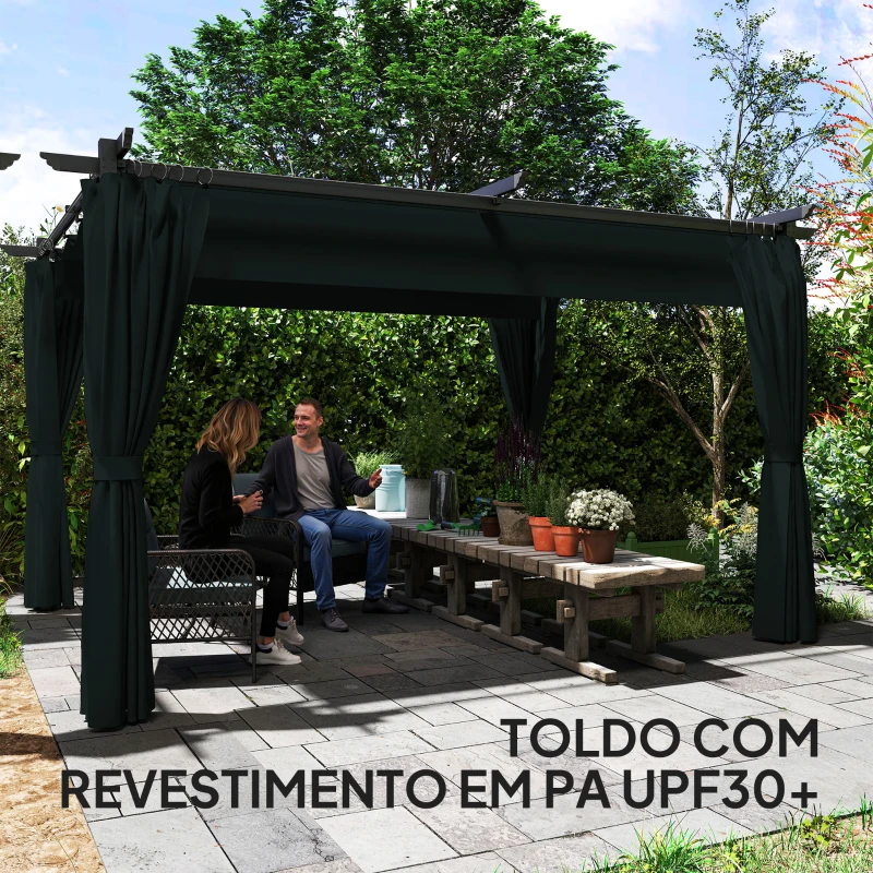Outsunny Pérgola com Teto Retrátil 3,9x3x2,2 m Paredes Laterais Tecido de Poliéster Anti UV Pérgola para Jardim Cinzento