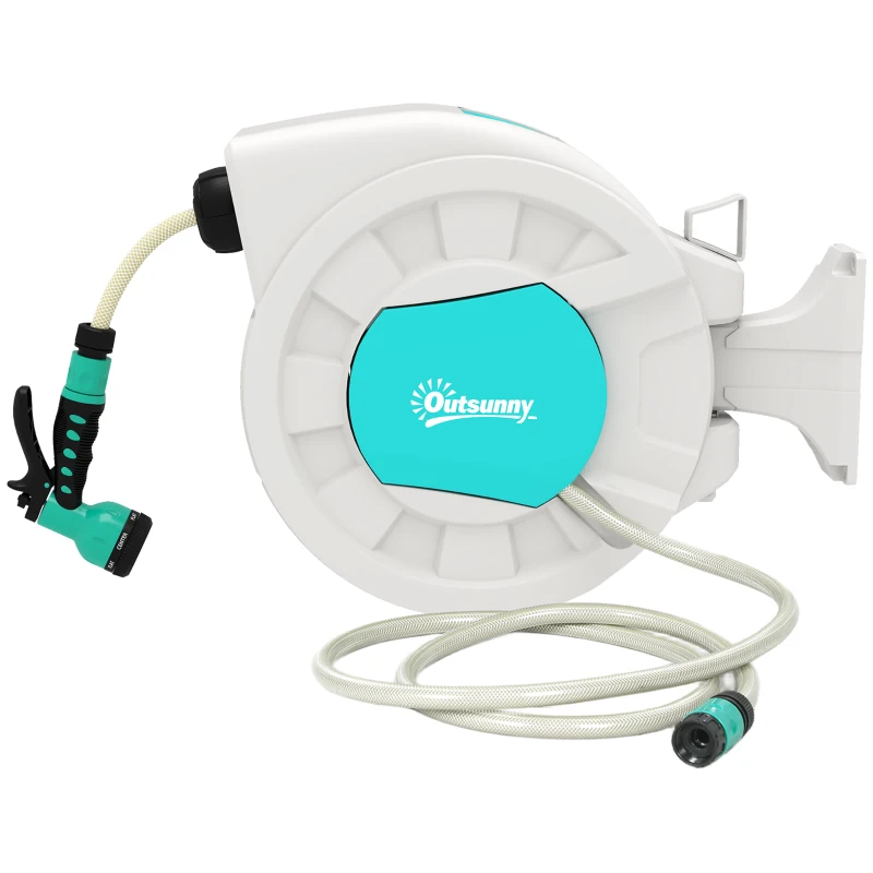 Outsunny Carretel de Mangueira para Jardim 20+2 m com 7 Bocais Função de Bloqueio Retorno Automático e Giro de 180° Cinza Claro