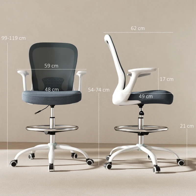 HOMCOM 99-119 cm Draughtsman Chair, with Adjustable Footrest - Grey