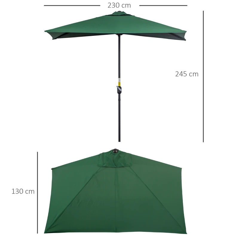 Outsunny Chapéu de Sol Semicircular 230x130x245 cm Chapéu de Sol para Parede com Manivela Proteção UV 30+ e Mastro Metálica Ø38 mm Verde