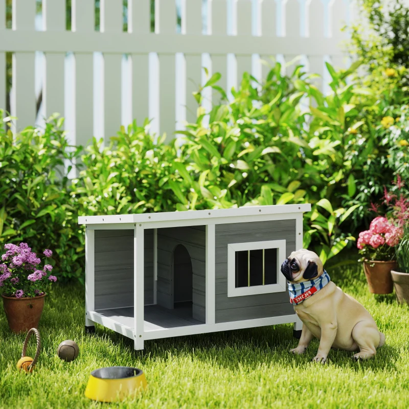 PawHut Casa para Cães de Madeira Casa para Animais de Estimação com Teto Asfáltico Impermeável e Janela 85,5x62x60cm Cinza