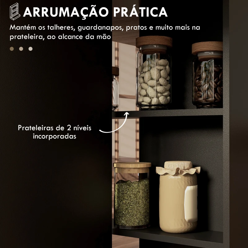 HOMCOM Mesa de Cozinha Dobrável Mesa de Madeira com 2 Prateleiras de Armazenamento e Rodas 75x140x74 cm Preto e Madeira