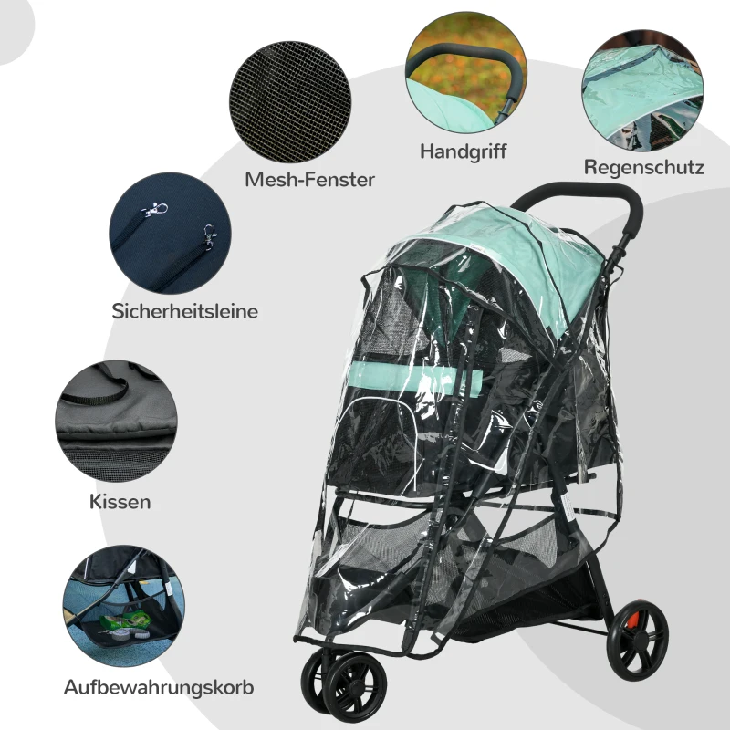 PawHut Haustierbuggy Hundebuggy, klappbar, mit Regenschutz, 2 Getränkehalter, Blau + Grün(m-7)