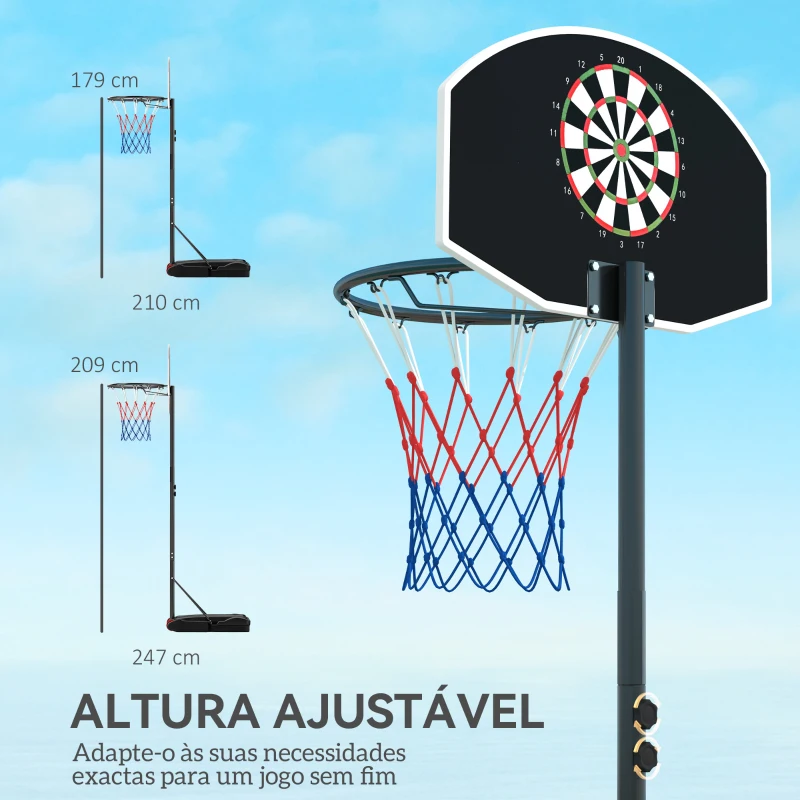 SPORTNOW Tabela de Basquetebol para Exterior com Alvo de Dardos com Ajustável 210-247 cm Rodas Base Rellenável Preto
