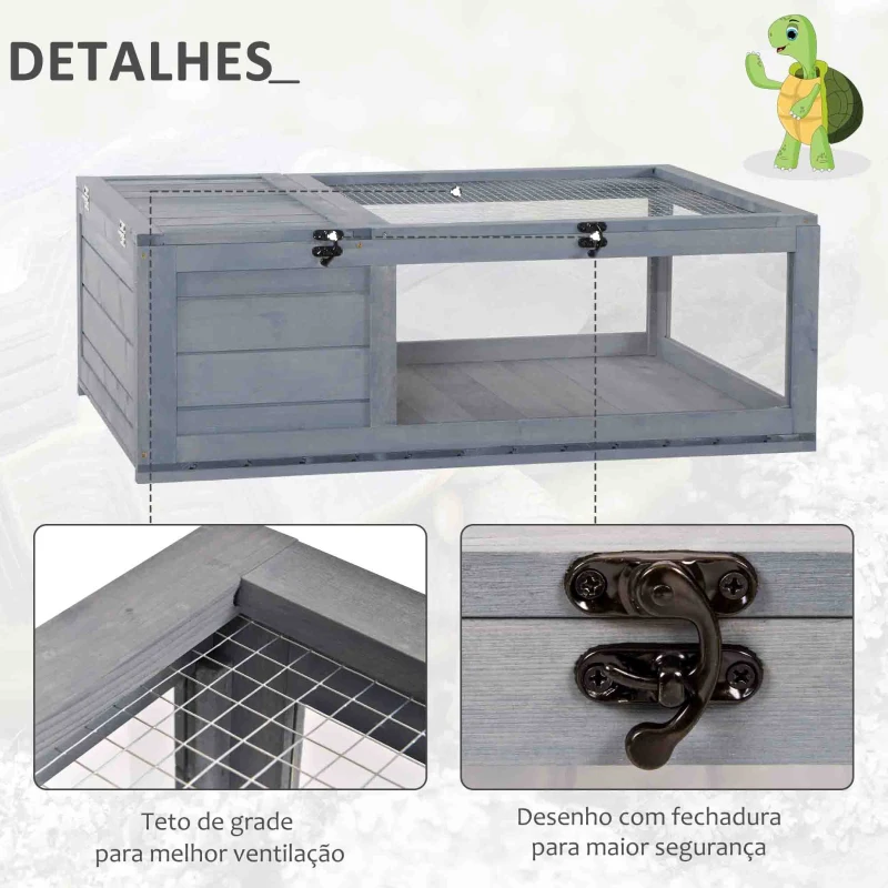 PawHut Terrario para Reptéis Casa para Tartarugas de Madeira com Painéis Laterais Transparentes e Trava 91x60,5x32 cm Cinza