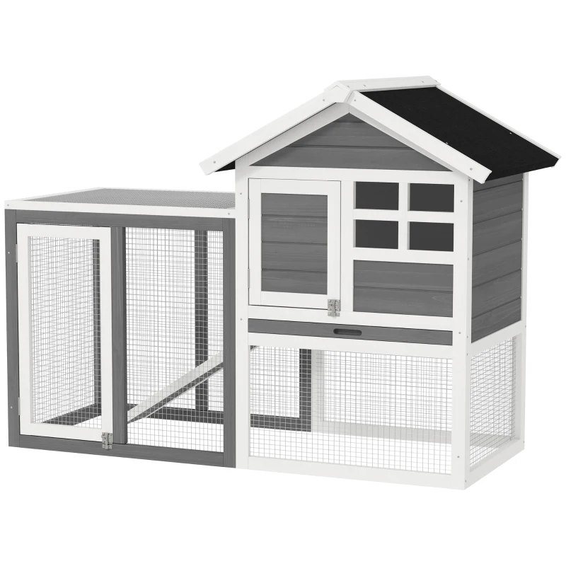 PawHut Jaula para Conejos con Zona Abierta Techo Asfáltico Bandeja Extraíble y Rampa para Exterior 122x62,6x92 cm Gris