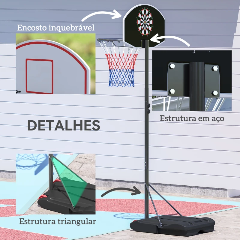 SPORTNOW Tabela de Basquetebol para Exterior com Alvo de Dardos com Ajustável 210-247 cm Rodas Base Rellenável Preto