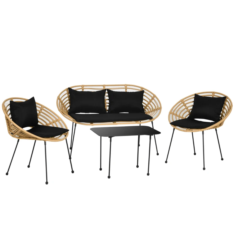 Outsunny Conjunto de Móveis de Jardim em Vime Sintético 4 Peças com 1 Sofá Duplo 2 Poltronas e Mesa de Vidro Madeira e Preto