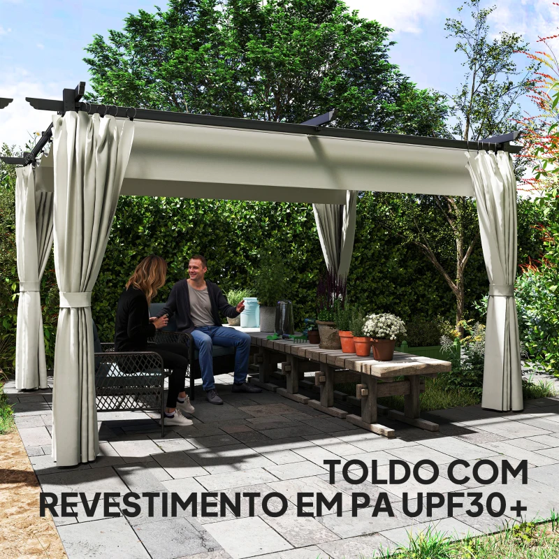 Outsunny Pérgola com Teto Retrátil 3,9x3x2,2 m Paredes Laterais Tecido de Poliéster Anti UV Pérgola para Jardim Creme