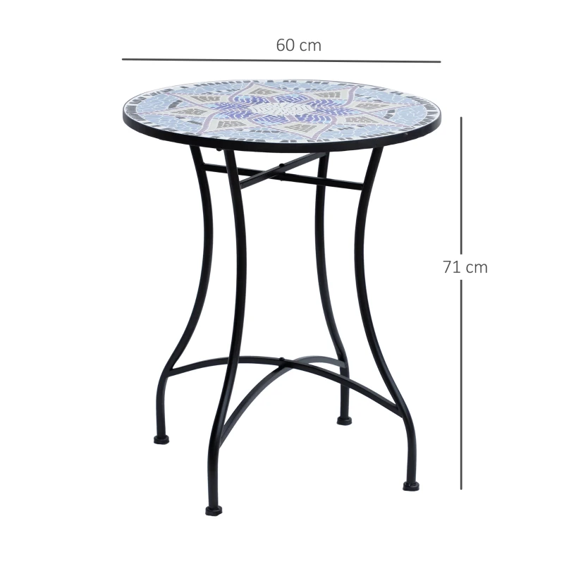 Outsunny Mesa de Jardim Redonda Mesa de Varanda  Ø60x71 cm com Bancada em Mosaico Decorativa Mesa de Exterior Pátio Azul e Branco