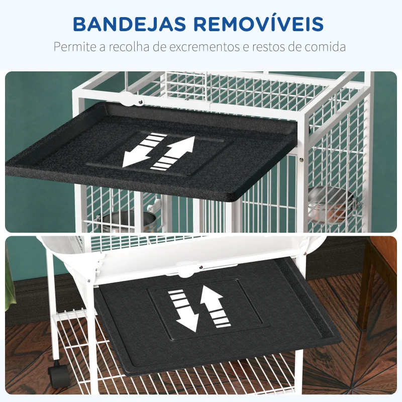 PawHut Gaiola para Pássaros com Suporte e Rodas 62,5x62,5x156 cm Ponte de Arco 2 Poleiros 4 Comedouros 2 Bandejas Removíveis