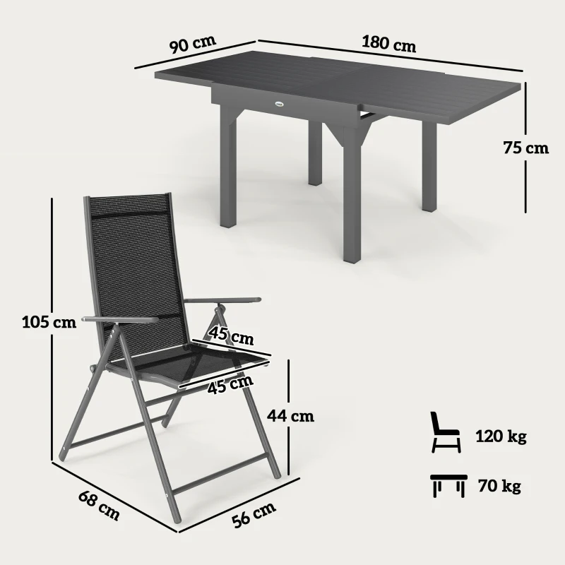 Outsunny Set da Giardino 7 Pezzi con 6 Sedie Pieghevoli e Tavolo Allungabile, in Acciaio, Alluminio e Rete Grigio e Nero