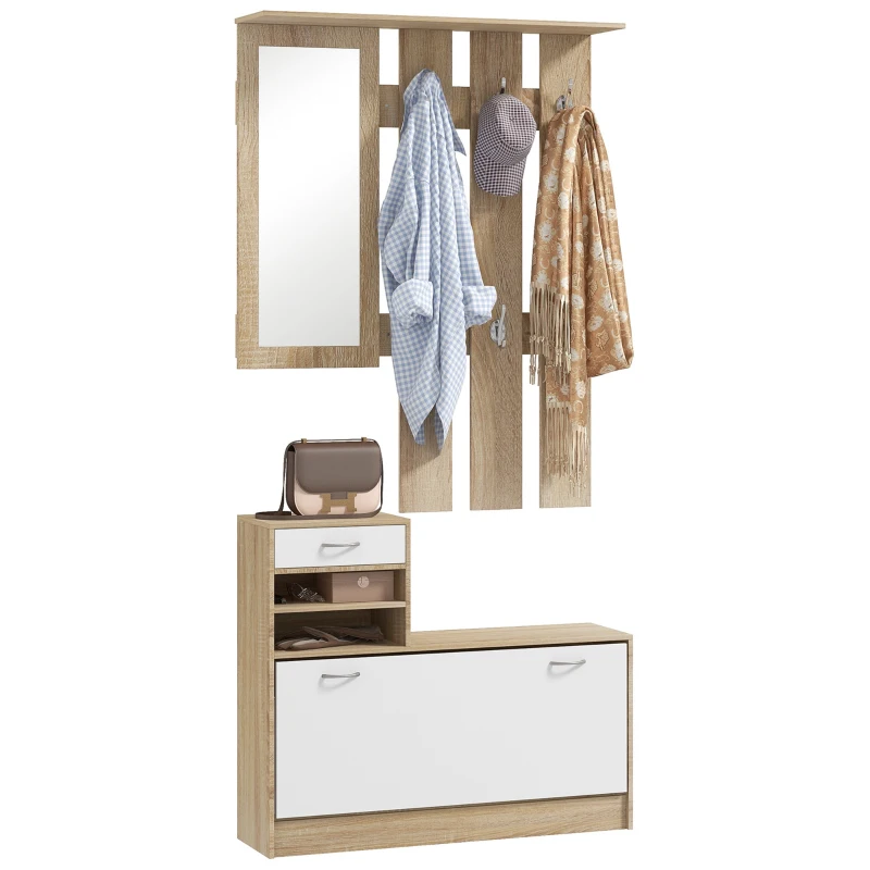 HOMCOM Móvel Cabide de Entrada de 3 Peças Armário de Entrada com Cabide Espelho Sapateira e Gaveta 90x10x102 cm Branco e Madeira