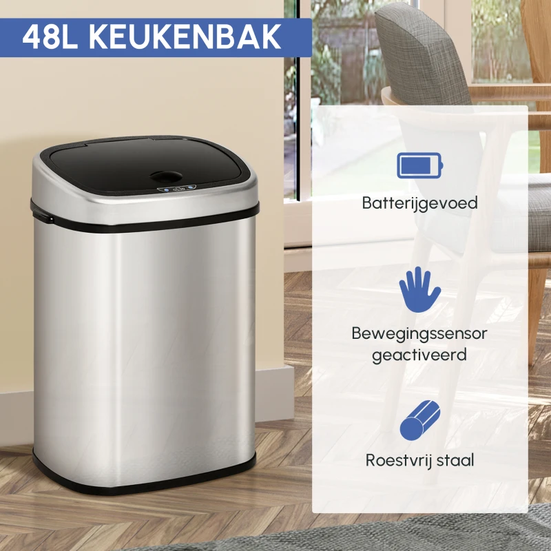 HOMCOM® Automatische vuilnisbak met infraroodsensor 48 L zilverkleurige vuilnisbak keukenemmer 40,5 L x 29,5 B x 57 H cm