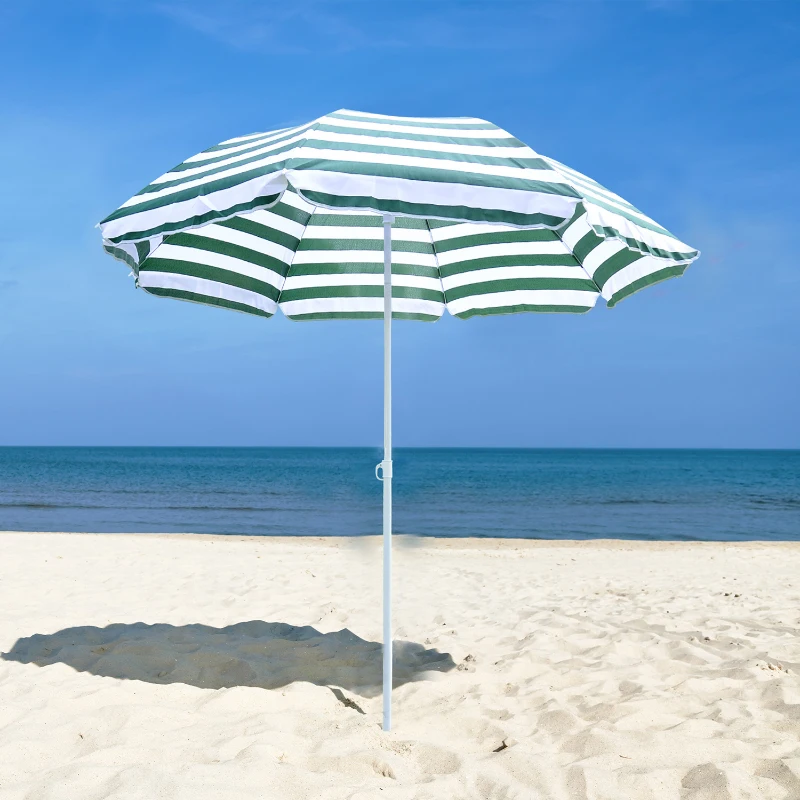 Outsunny 1.8m Beach Parasol Umbrella with Tilt Canopy, Lightweight Patio Garden Sunshade with 8 Ribs, Green & White Stripe
